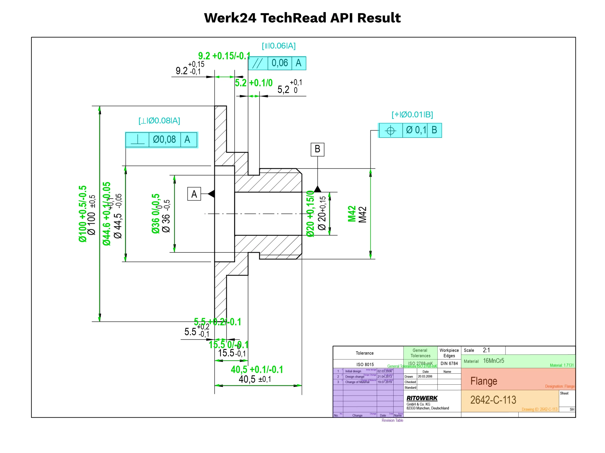 Werk24 AI result structuring flange dimensions, tolerances, and annotations accurately