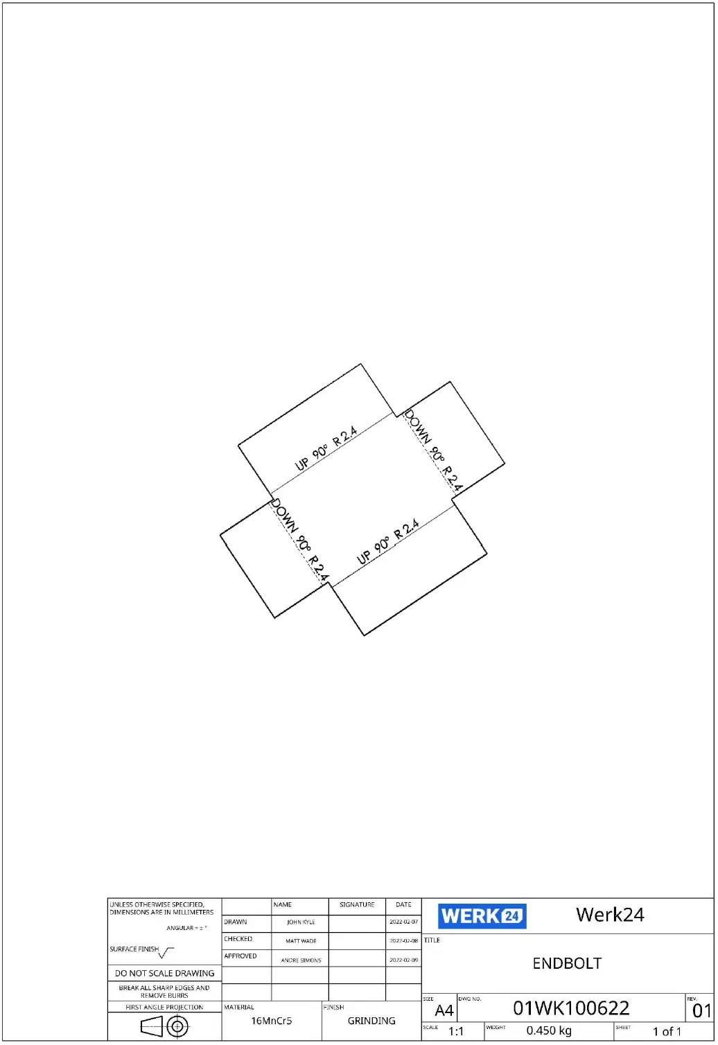 Sheet metal part annotated with bend lines, bend angles, and bend radii on a technical drawing