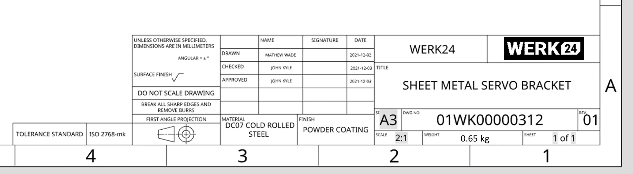 Annotated technical drawing title block highlighting drawing number, revision, material and scale fields